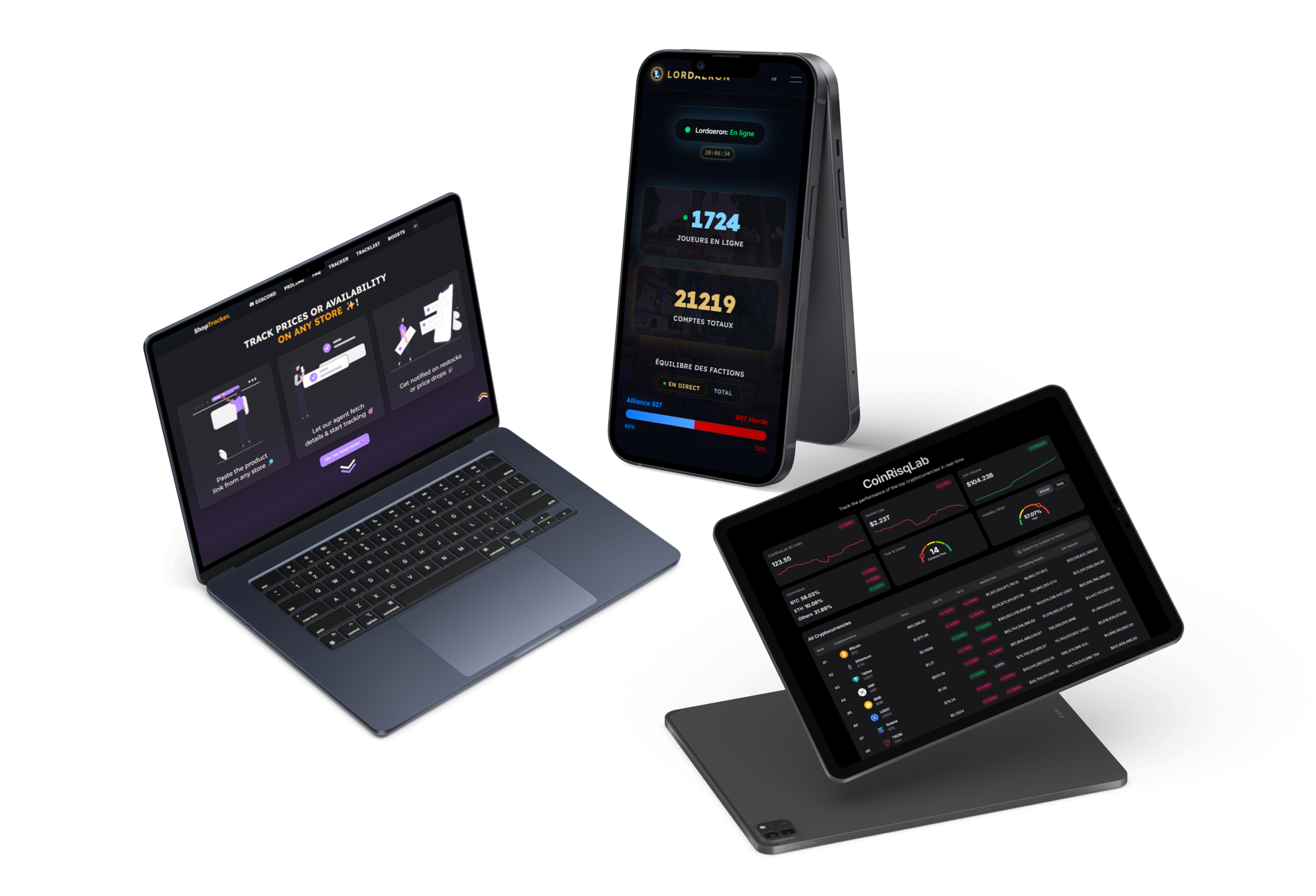 Aperçu de mes réalisations sur laptop, mobile et tablette